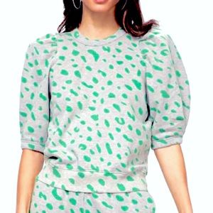 CLARE VIVIER Puff Sleeve Short Sleeve Sweatshirt Green Jaguar Pattern XS
